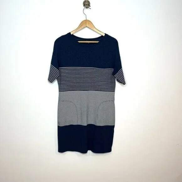 Theory Womens Large Pelloa Engineered Tee T-Shirt Dress Pockets Stripes Navy - Picture 13 of 13